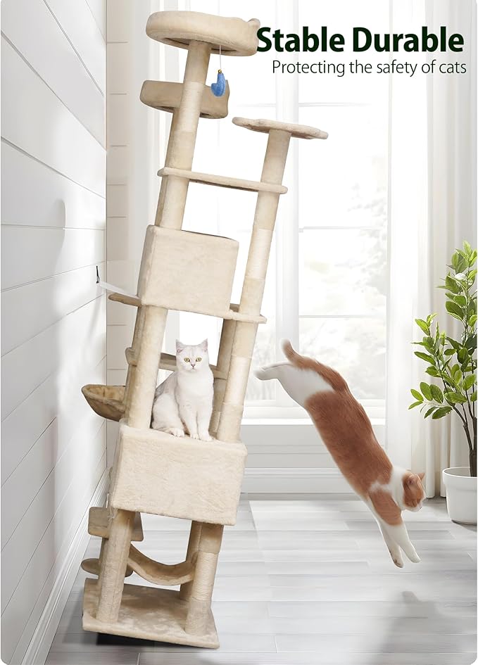 85inch Heavy Duty Cat Tree for Indoor Cats Large Adult, Tall Giant Cat Tower with Scratching Post, Large Perches, Cozy Cat Condos & Hanging Hammocks, Beige-Mewly Pet