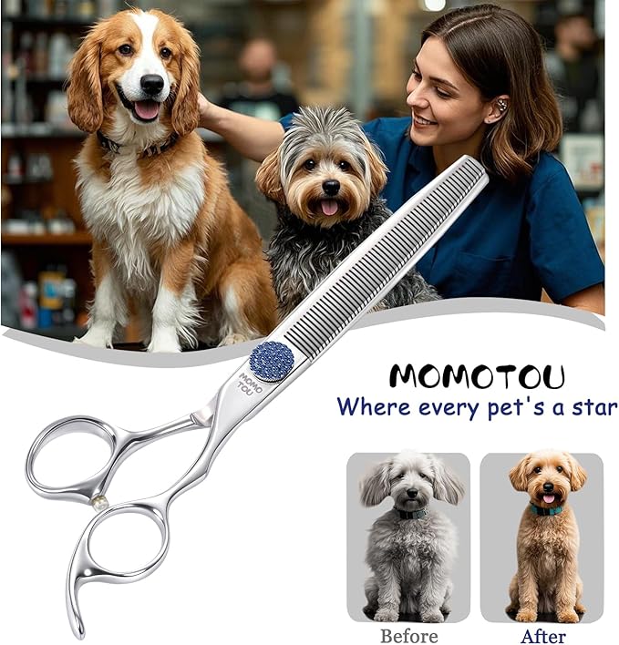 7.5'' Dog Grooming Scissors CNC 440C Blades Sharp and Durable Polished Thinning Dog Shears with Blue Diamond Adustable Screws Easy to Use for Groomer and Home User-Mewly Pet