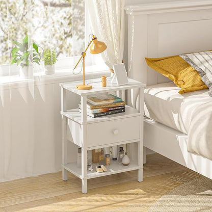 Lerliuo Nightstand with Charging Station and USB Ports, 3-Tier Storage End Table with Drawer Shelf, Night Stand for Small Spaces, Wood Bedside Table for Living Room, Bedroom - Elegant White