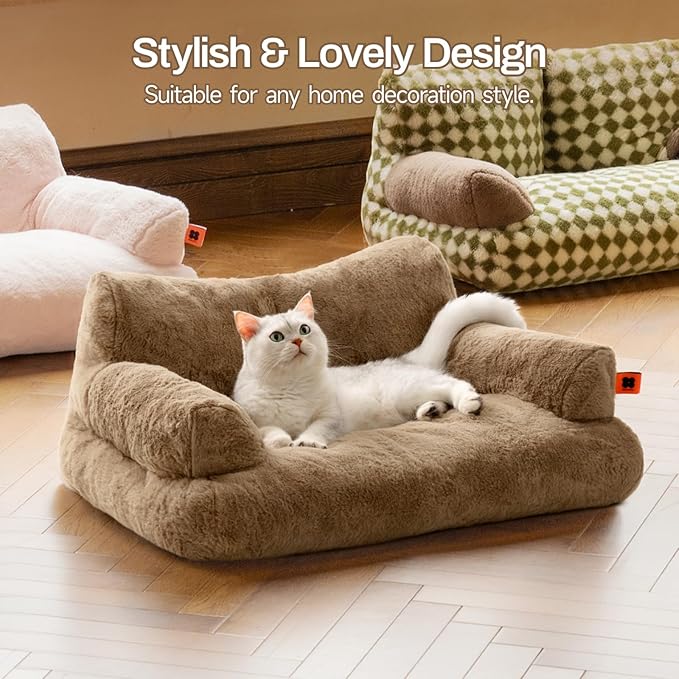 MEWOOFUN Dog Couch, Supportive Small Dog Bed for Puppy and Cats with Removable Washable Cover, Fluffy Cat Couch with Non-Slip Bottom (Camel, 26.0" L X 19.0" W X 13.0" Th)-Mewly Pet