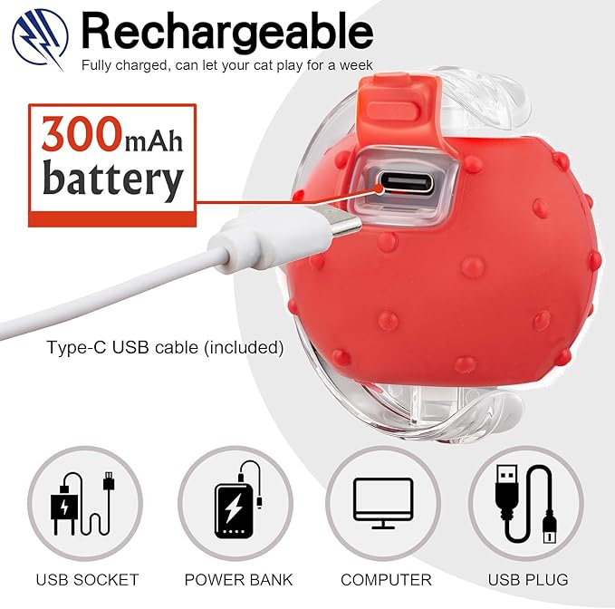 Interactive Cat Toys Ball for Indoor Cats, Automatic Agile Rolling Cat Ball with Elastic Mesh Tail, Bird Chirping & Motion Activated, 2 Tail Accessories, Kitten Toy for Bored (Red)-Mewly Pet