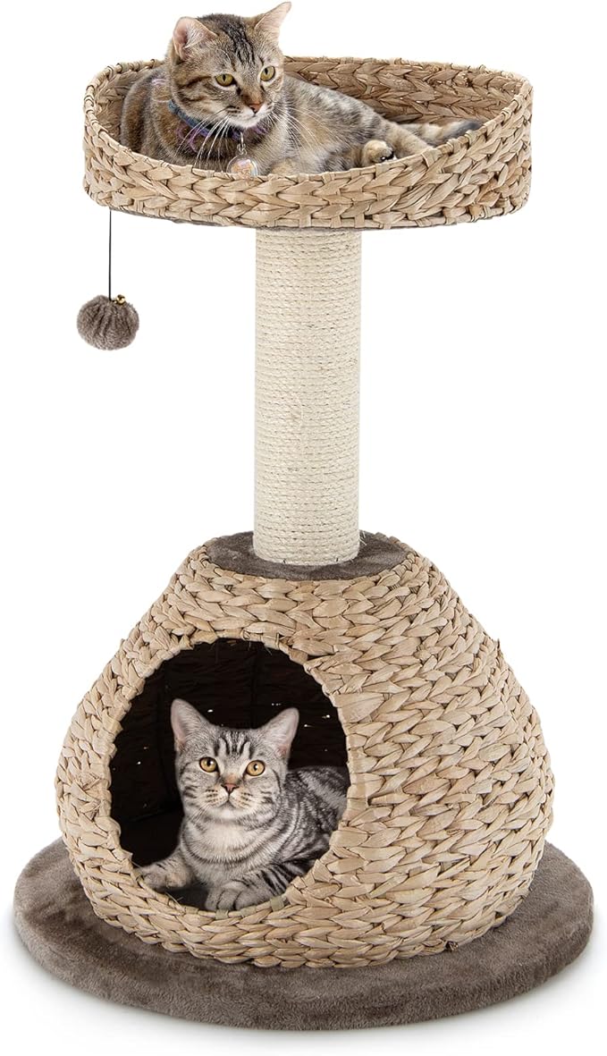 Tangkula Modern Cat Tree, Small Cat Tower with Natural Sisal Scratching Post, Hand-Made Wicker Cat Condo & Top Perch, Funny Hanging Toy Ball, Cute Cat Tree Tower for Indoor Cats-Mewly Pet