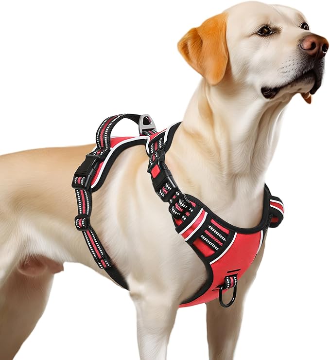 Timos Dog Harness Large Sized, No Pull with Neck Lockable Snap,No Choke Front Clip Dog Reflective Harness,Adjustable Metal Rings 3 Buckles,Easy Control Handle for Large Dogs Red L-Mewly Pet