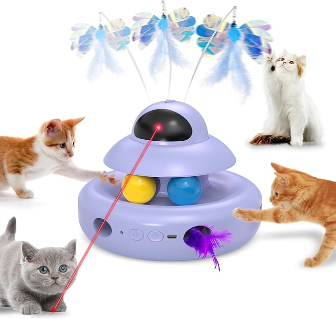 Cat Toy,Purple 4-in-1 Interactive,Cat Toys for Bored Indoor Adult Cats,Electric Flying Butterfly,Rechargeable Automatic Toy,Moving Ambush Feather,Track Balls-Mewly Pet