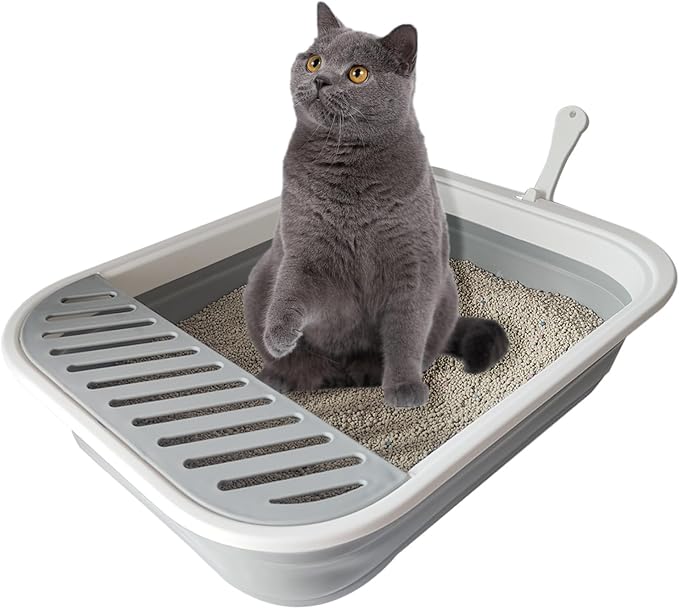 Senior Cat Litter Boxes, Collapsible Open Low Entry Cat Litter Pan with Scoop Travel Kitten Potty Foldable Pet Toilet for Sick Disabled Older Elderly Cats Grey 20.9x15.7x5.7 inch-Mewly Pet