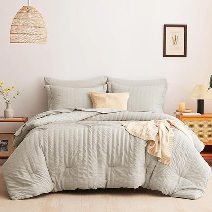 CozyLux Twin XL Comforter Set with Sheets Seersucker Beige 5 Pieces Bed in a Bag, Twin Extra Long Luxury Soft Bedding Sets for College Dorm with Down Alternative Comforter, Sheets, Pillowcases & Shams