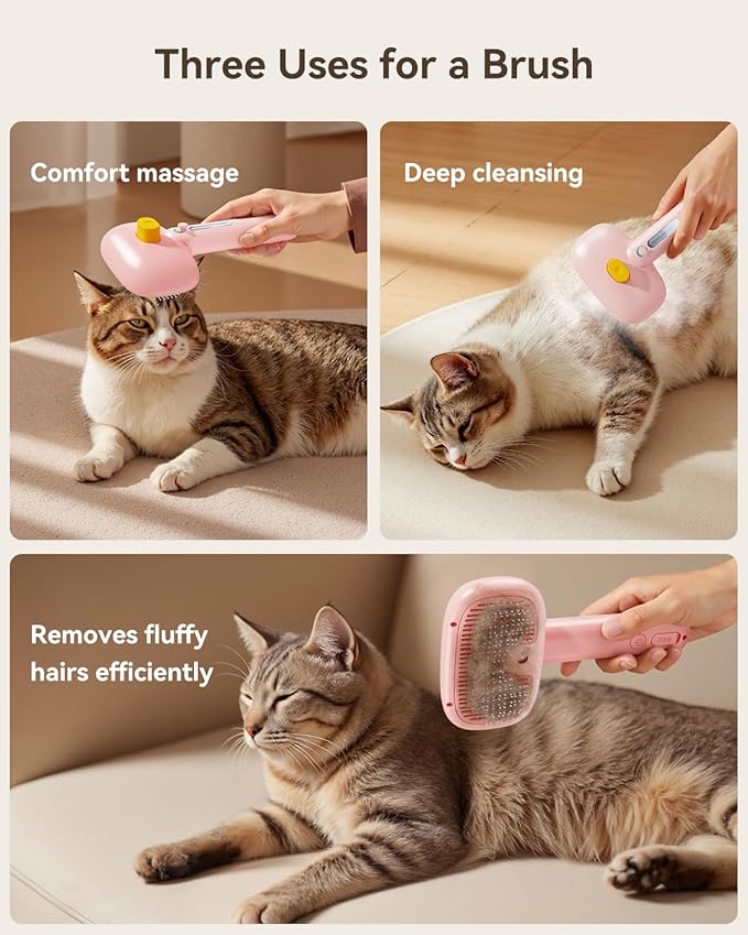 ROJECO 3-in-1 Pet Steam Brush for Cats&Dogs - Detangling Comb with Adjustable Mist, Handheld Deshedding Grooming Tool for Long/Short Hair, Massage Brush & Shedding Control Gift,Cordless,Pink-Mewly Pet