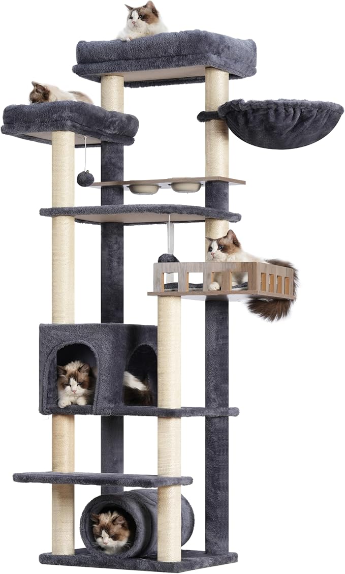 Cat Tree with Tunnel, Cat Tower for Indoor Cats, Tall Cat Tree Tower with Cat Condo, Food Station, Large Platform, Scratching Posts, Hammock, Smoky Gray GCT021G-Mewly Pet