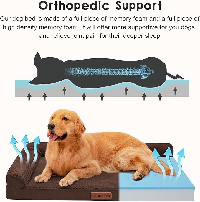 Orthopedic Dog Beds Large Sized Dog, 3 Inch Memory Foam Pet Bed for Medium and Large Dogs, Washable Removable Cover, Nonskid Bottom, Waterproof, 44x32 Inches XXL Brown Grey-Mewly Pet