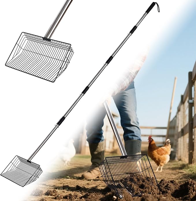 10inch Large Metal Chicken Poop Scooper,32 to 67" Adjustable Long Chicken Coop Litter Scoop,Heavy Duty Sifting Shovel for Chicken Coop & Pet Waste Cleaning-Mewly Pet
