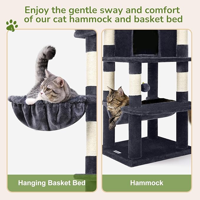 Globlazer Corner Cat Tree Tower for Indoor Cats, 51in Multi-Level Cat Condo Tower with Large Hammock, 7 Sisal Scratching Posts, Oversized Top Perch, Spacious Cat Cave, Hanging Basket, C51, Dark Grey-Mewly Pet