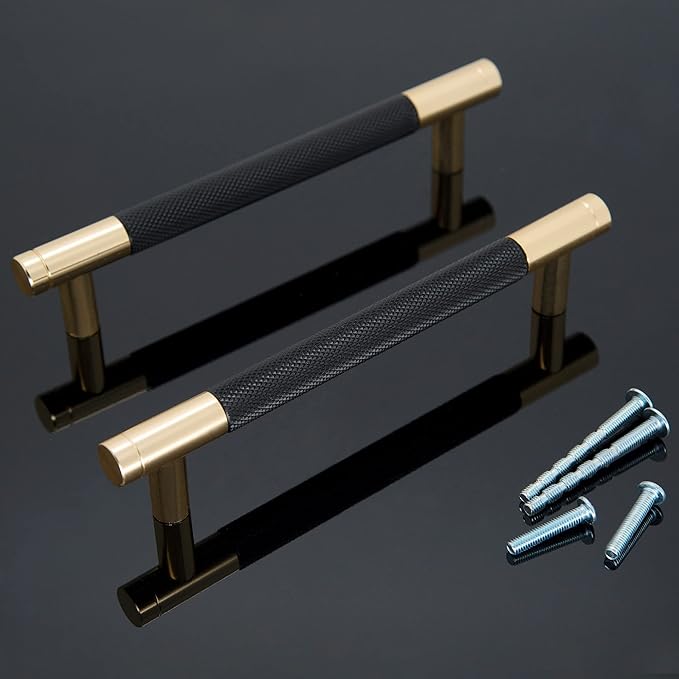 Knurled Cabinet Pulls 2 Pack, 6 Inch Long Cabinet Handles Metal Door Pulls, Kitchen Drawer Pull Knurled Dresser Handles - 5" Hole to Hole, Black & Gold