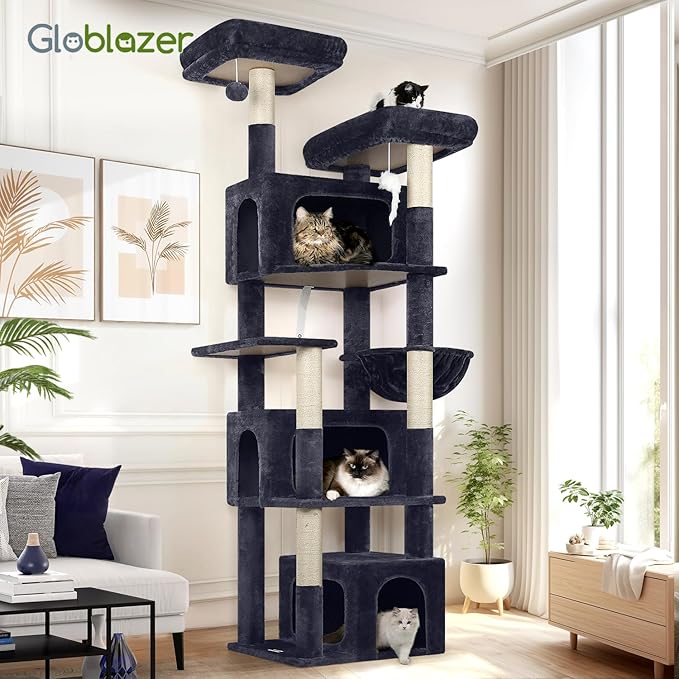 Globlazer Sturdy Cat Tree for Large Cats, 77 inch Large Cat Climbing Tower for Indoor Adult Cats, Cat Scratching Tower with 5 Scratching Posts, 3 Cat Condos, 2 Top Perches, S77, Dark Grey-Mewly Pet