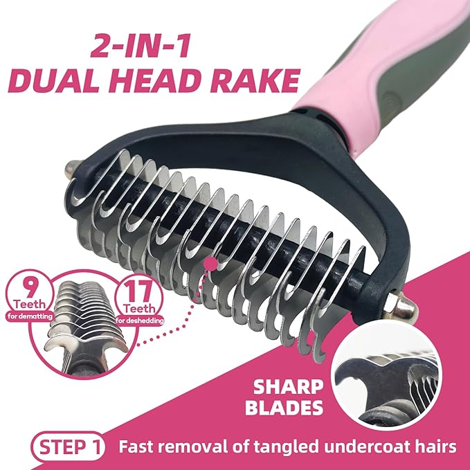 Pet Grooming Kit - 7 PCS Deshedding Brush Set with Slicker, Undercoat Rake, Bath Brush & Nail Clipper for Short & Long Haired Dogs, Cats (Pink)-Mewly Pet