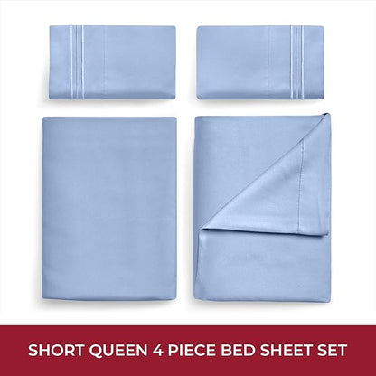 Mellanni RV Short Queen Sheets - 4 PC Iconic Collection Bedding - Hotel Luxury, Extra Soft, Cooling Bed Sheets - Deep Pocket up to 10 inch (RV/Short Queen, Sky Blue)