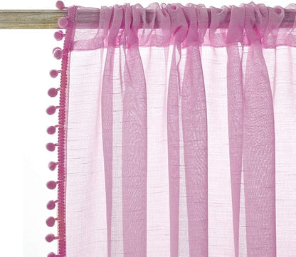 Treatmentex Pom-Pom Sheer Curtains for Bedroom 84 inches Linen Textured Look Pink Sheer Window Draperies for Girl's Room, 52" w x 2 Panels, Red, Rod Pocket
