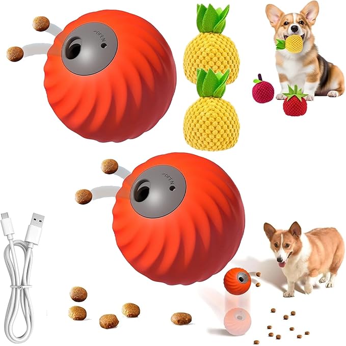 Zoomie Buddy 2.0, Zoomie Buddy for Dogs, 2 in 1 Smart Touch Interactive Dog Balls ＆ Pet Feeder, 2.83" Diameter, Suitable for Small/Medium Dogs, with Fruit Plush Cover (2*Orange, Pineapple)-Mewly Pet
