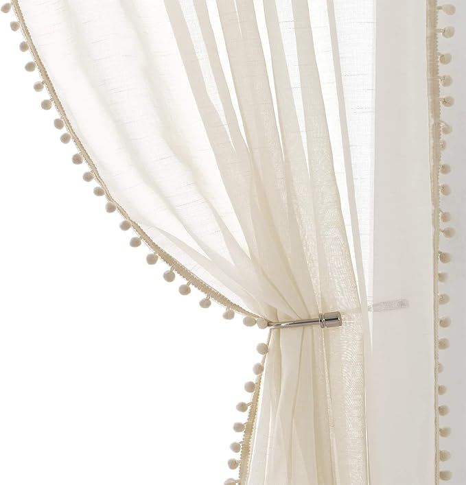 Treatmentex Sheer Linen-Look Curtains 95in Bedroom Decorative Pompom Trimmed Voile for Living Room Slub Textured Natural Window Curtain Panels 2pcs