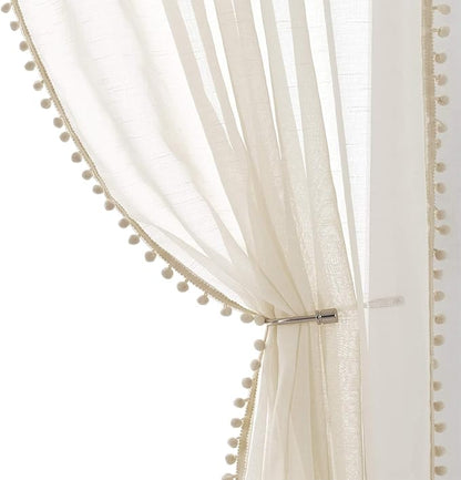 Treatmentex Sheer Linen-Look Curtains 95in Bedroom Decorative Pompom Trimmed Voile for Living Room Slub Textured Natural Window Curtain Panels 2pcs