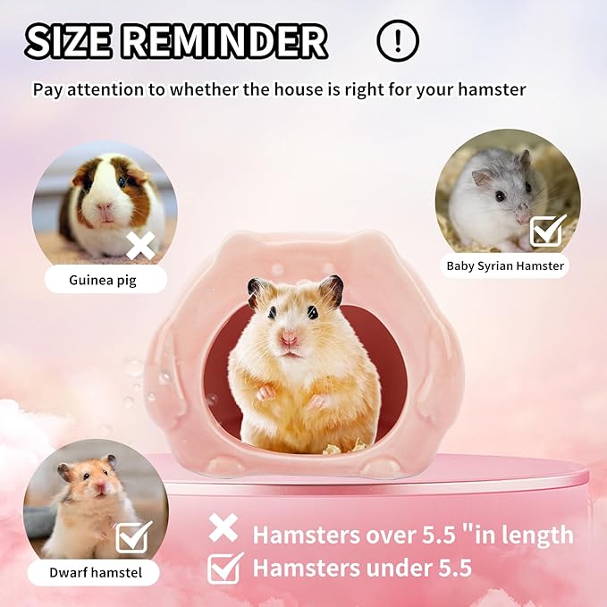 Bear-Shaped Hamster Hideout & Food Bowl Set - Ceramic Habitat for Syrian Dwarf Hamsters, Mice, Gerbils - All-Season Use, Chew-Proof Ceramic House and Feeding Dish for Small Pets(Pink)-Mewly Pet