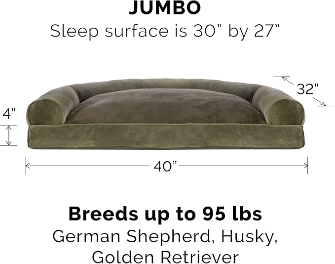 Furhaven Pillow Dog Bed for Large Dogs w/ Removable Bolsters & Washable Cover - Faux Fur & Velvet Sofa - Dark Sage, Jumbo/XL-Mewly Pet