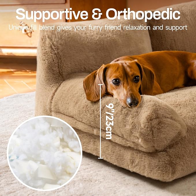 MEWOOFUN Cat Bed for Indoor Cats, Washable Dog Beds for Small Medium Dogs & Cats, Fluffy Cat Couch with Non-Slip Bottom, 26×19×13 Inch (Camel, 33.5" L x 25.6" W x 11.5" Th)-Mewly Pet