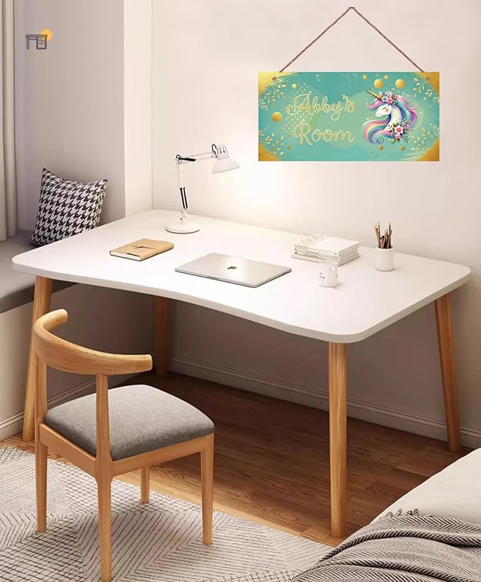 Personalized Magic Rainbow Unicorn Door Sign Girls Bedroom Kids Nursery Wall Decor Custom Name Art Wooden Plaque For Home Kitchen Garden Yard Wall Front Door Decor