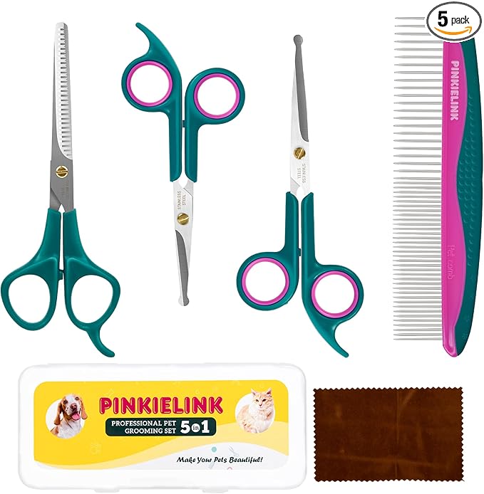 Professional 5 in 1 Pet Grooming Kit - Stainless Steel Dog & Cat Grooming Scissors with Rounded Tip Blades for Safe Fur Trimming, Thinning Shears, Straight Scissors, and Pet Comb (Green 5 in 1)-Mewly Pet