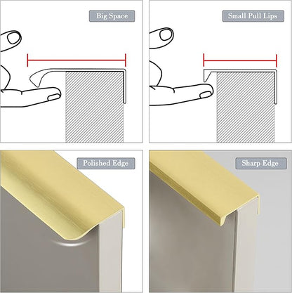 JOOJA 10 Pack Modern Style Finger Edge Pull Furniture DrawerHandles Hidden Cabinet Kitchen Drawer Handles Knobs, Brushed Brass 120(96) mm
