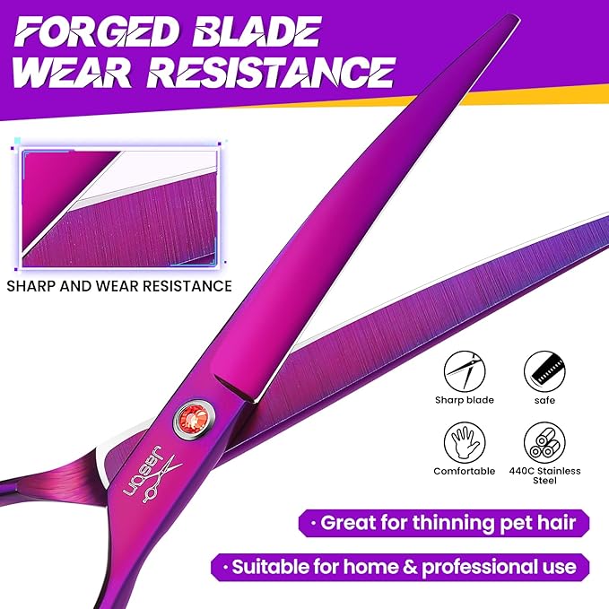 JASON 7.5" Dog Grooming Scissor - Professional Down-curved Shear with Ergonomic Handle Japanese Stainless Steel Trimming Scissor for Dogs, Cats and Other Pets, Sharp (Curved, Purple)-Mewly Pet