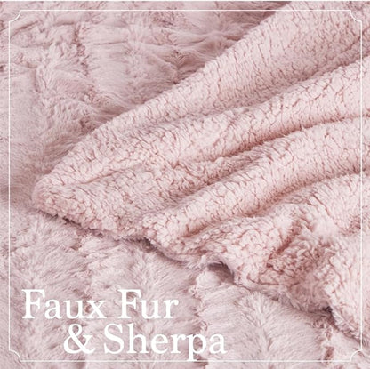 The Connecticut Home Co Bedding Blanket, Twin 80x60, Soft Fluffy Room Decor, Cozy Warm Throws for Bed, Gifts for Women, Bedroom Cute Aesthetic Blankets Faux Fur and Sherpa Dusty Rose