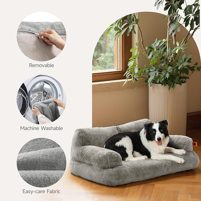 MEWOOFUN Cat Bed for Indoor Cats, Washable Dog Beds for Small Medium Dogs & Cats, Fluffy Cat Couch with Non-Slip Bottom (Grey, 33.5" L x 25.6" W x 11.5" Th)-Mewly Pet
