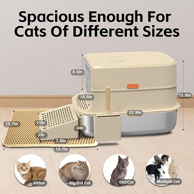 Stainless Steel Cat Litter Box with Lid, 3 in 1 Removable Litter Box for Big/Multiple Cats, High Sides Kitty Litter Pan, Leak-Proof XL Extra Large Enclosed Metal Litter Pan Easy Clean with Scoop & Mat-Mewly Pet