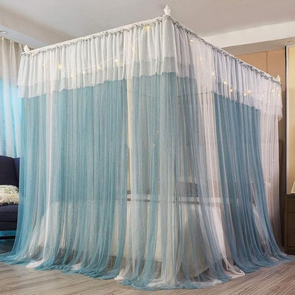 Joyreap Luxury 4 Corners Post Canopy Bed Curtains Twin, Blue n White Cozy Drape Netting for Girls n Adults - 4 Openings Cute Princess Style Bedroom Decoration Accessories