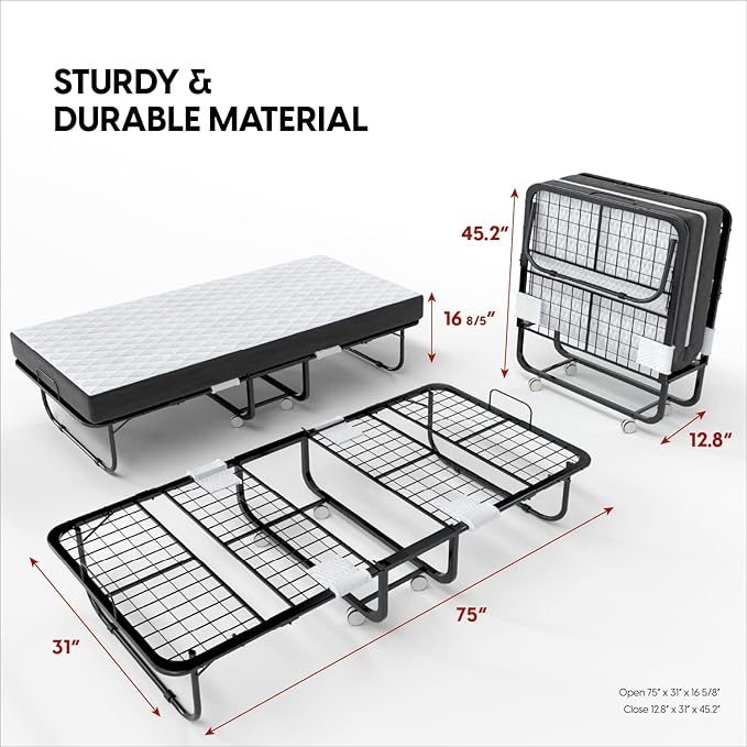 EconoHome Folding Bed with Mattress - 75x31 Cot Size Frame - Portable Rollaway Guest Bed with 5-inch Memory Foam Mattress - Space-Saving Foldable Design for Easy Storage (31 Inch)