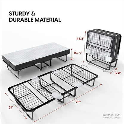 EconoHome Folding Bed with Mattress - 75x31 Cot Size Frame - Portable Rollaway Guest Bed with 5-inch Memory Foam Mattress - Space-Saving Foldable Design for Easy Storage (31 Inch)