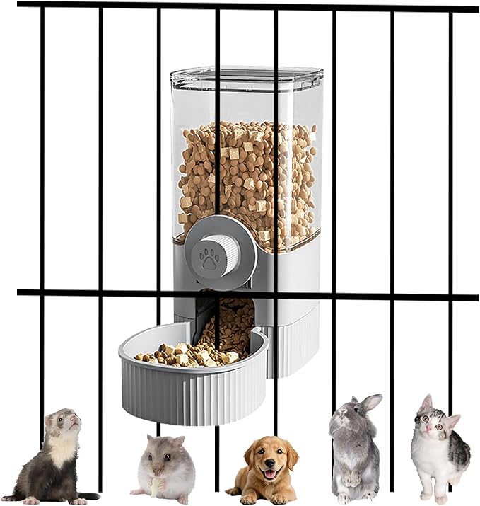 Auto Gravity Food Dispenser for Cage Hanging, 41OZ Capacity Hanging Automatic Pet Cage Feeder, Food Bowl for Cats Dogs Rabbit Ferret Chinchilla Bird Hedgehog Guinea Pig (Grey)-Mewly Pet