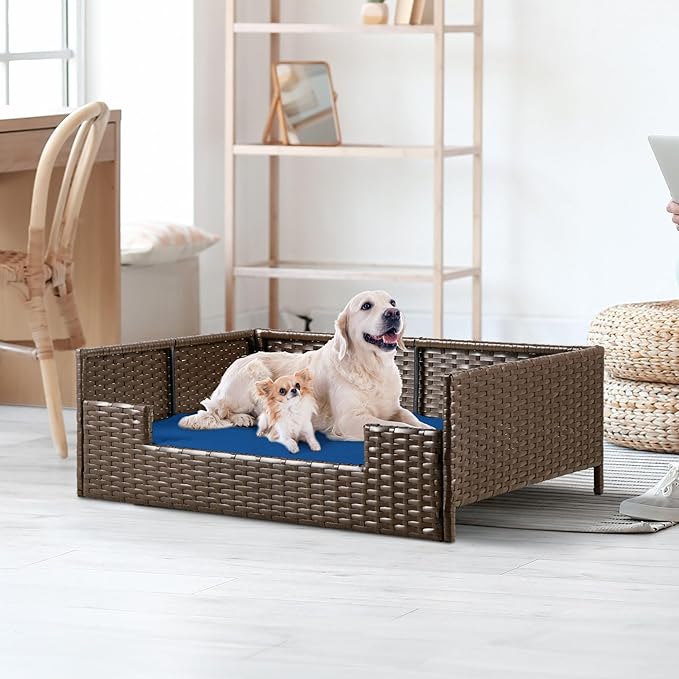 YITAHOME Rattan Dog Sofa Bed with Cushion, Wicker Pet Bed Sofa Couch Indoor Outdoor Waterproof for Large Medium Small Dogs Cats (38.6''L*26.4''W*15''H,Blue)-Mewly Pet