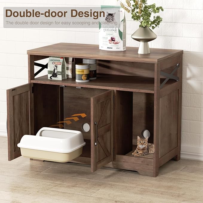 Cat Litter Box Enclosure, Hidden Litter Box Furniture with Scratch Pad, Farmhouse Indoor Cat House Washroom End Table, Retro Brown-Mewly Pet