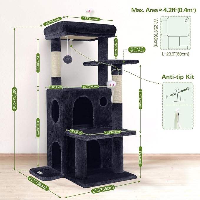 Globlazer Cat Tree Tower for Indoor Cats, 50-inch Adult Cat Tree House for Large Adult Cats with Steps, Scratching Post, 2 Cat Caves, Dangling Toys, FC50, Dark Grey-Mewly Pet