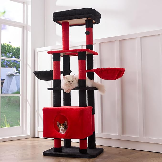 Gardner Pet 65in Heavy Duty Cat Tree Tower for Large Cats, Multi-Level Cat Furniture with Replaceable Sisal Scratching Post, Hammock | Extra-Large Platform & Condo (Black Red, Basic φ:2.84")-Mewly Pet