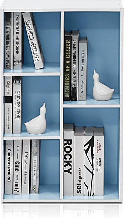 Furinno LUDER Book Shelf, 5-Cube Bookshelf, Reversible Bookcase, 9.4" x 19.5" x 31.5", for Living Room, Bedroom, Home Office, White/Light Blue