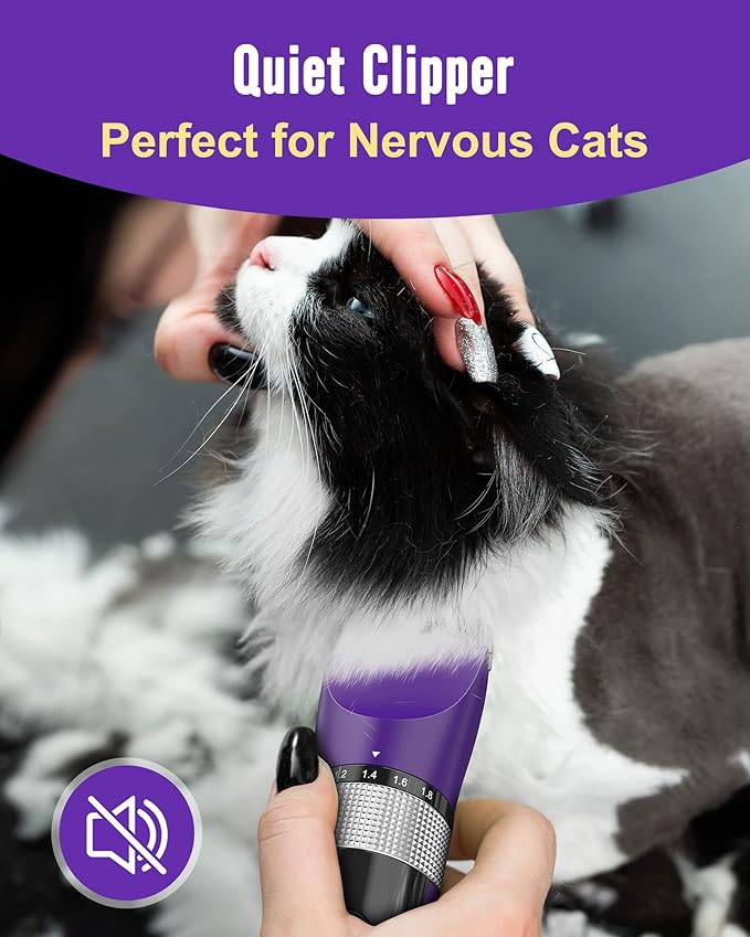 oneisall Cat Grooming Clippers for Matted Long Hair, 5-Speed Cat Grooming Kit Cordless Low Noise Pet Hair Clipper Trimmer Shaver for Dogs Cats Animals (Purple)-Mewly Pet