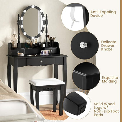 CHARMAID Girls Makeup Vanity Desk with Lights, Vanity Table with Lighted Mirror, 3 Lighting Modes, Adjustable Brightness, Modern Makeup Table with 3 Drawers and Stool for Small Space (Black)