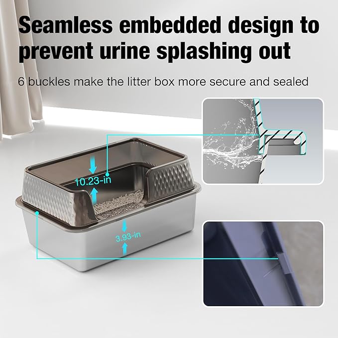 Suhaco Stainless Steel Litter Box Side Entry, Kitty Litter Mat and White Scoop Included Covered Metal High Sided Extra Large Cat Litter Box with Lid Removable Enclosure for Medium Cats (Tall Black)-Mewly Pet