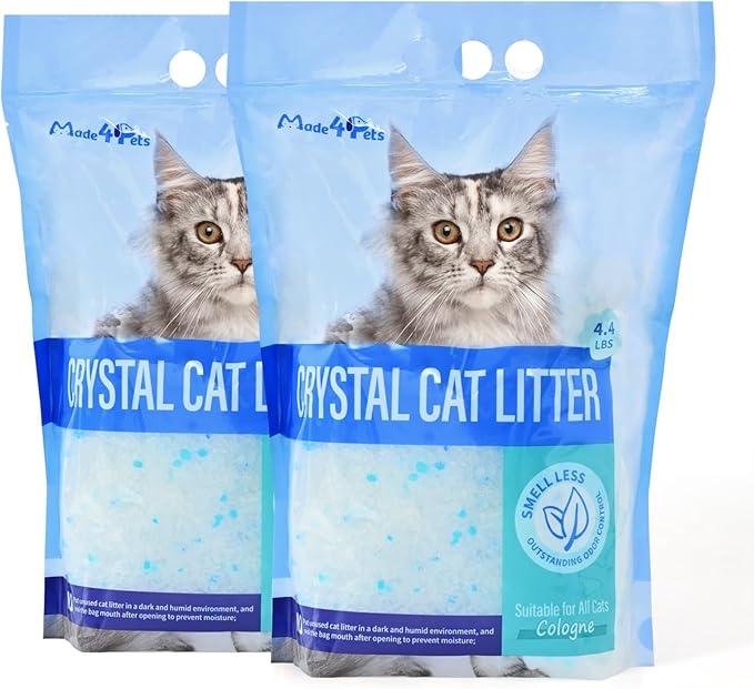 Made4Pets Cat Litter Crystals, Non Clumping Cat Litter Odor Control Kitty Litter Non Clumping No scooping Low Dust, Low Tracking, Lightweight, Dehydrates Waste,Cologne– 8.6 lbs (2 x 4.3 lb Packs)-Mewly Pet