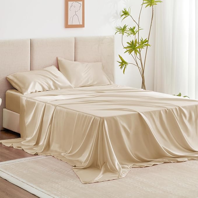 Love's cabin Twin Satin Sheets Sets - 3 Piece Beige Silky Bed Sheets with Deep Pockets, Luxury Silk Feel Satin Twin Size Sheet Set Bedding Set (1 Flat Sheet,1 Fitted Sheet,1 Pillow case)