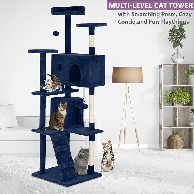 70 Inches Multi-Level Cat Tower for Indoor Cats - XL Tree Climbing Condo With Scratching Posts and Hanging Toys, Navy Blue-Mewly Pet