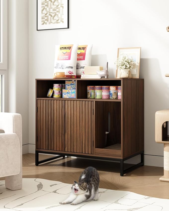 Cat Litter Box Enclosure, Large Hidden Pet Storage Cabinet Furniture with Waveform Fluted Doors & Scratching Pad, Modern Wooden Cat House Indoor for Washroom, Living Room, Bedroom, Rustic Brown-Mewly Pet