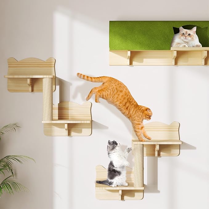 Cat Wall Shelves and Perches, Solid Wood Wall Cat Furniture, Set of 7 Feline Climbing Shelves with Bed, Steps, Scratching Post and Tunnel-Mewly Pet